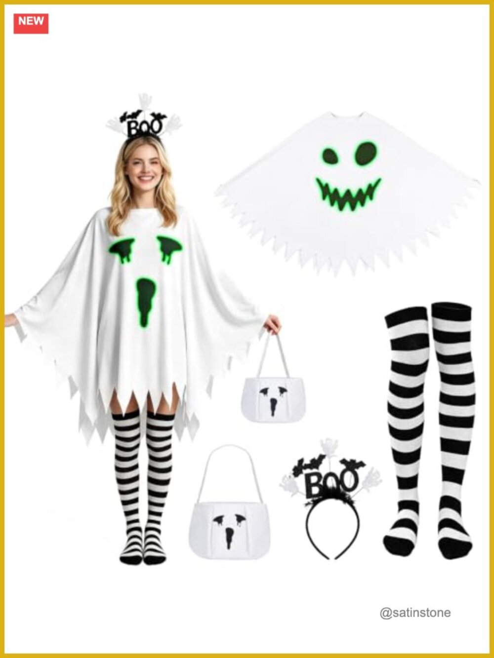 4 PCS Halloween Ghost Poncho Costume Set Glow in Dark Headband Socks Candy Bag